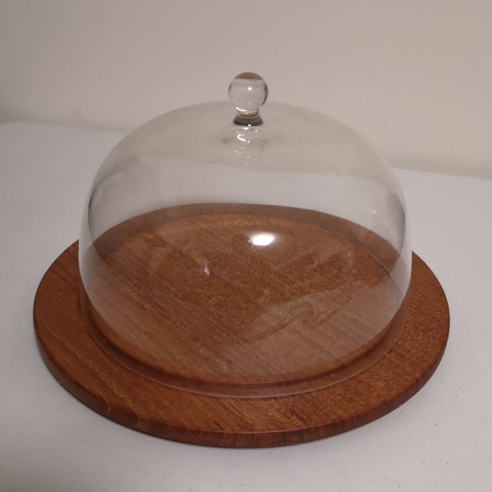 Vintage Teak Wood Tray With Glass Dome for Food / Display in Excellent Condition